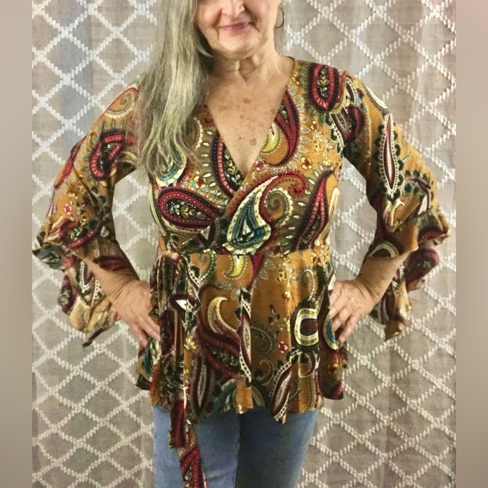 Sew in love mustard and paisley faux wrap top with tie and flutter sleeves